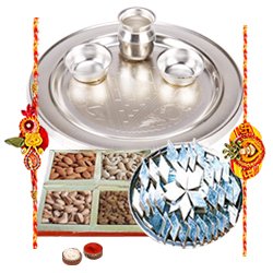 Amazing Rakhi Special Gift of Silver Plated Thali Haldiram Kaju Katli N Dry Fruits Platter with 2 Free Rakhi Roli Tilak and Chawal for your Dear Brother