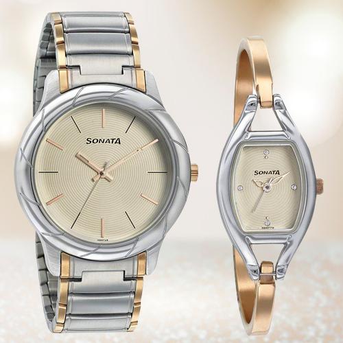 Attractive Sonata Analog White Dial Couple Watch