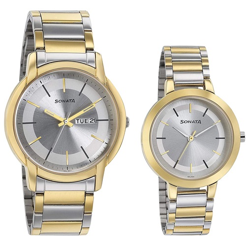 Appealing Sonata Pairs Silver Dial Watch Set